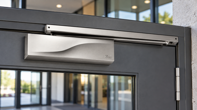 Silver ISEO commercial door closer installed on a dark grey glazed office door in a modern commercial building.