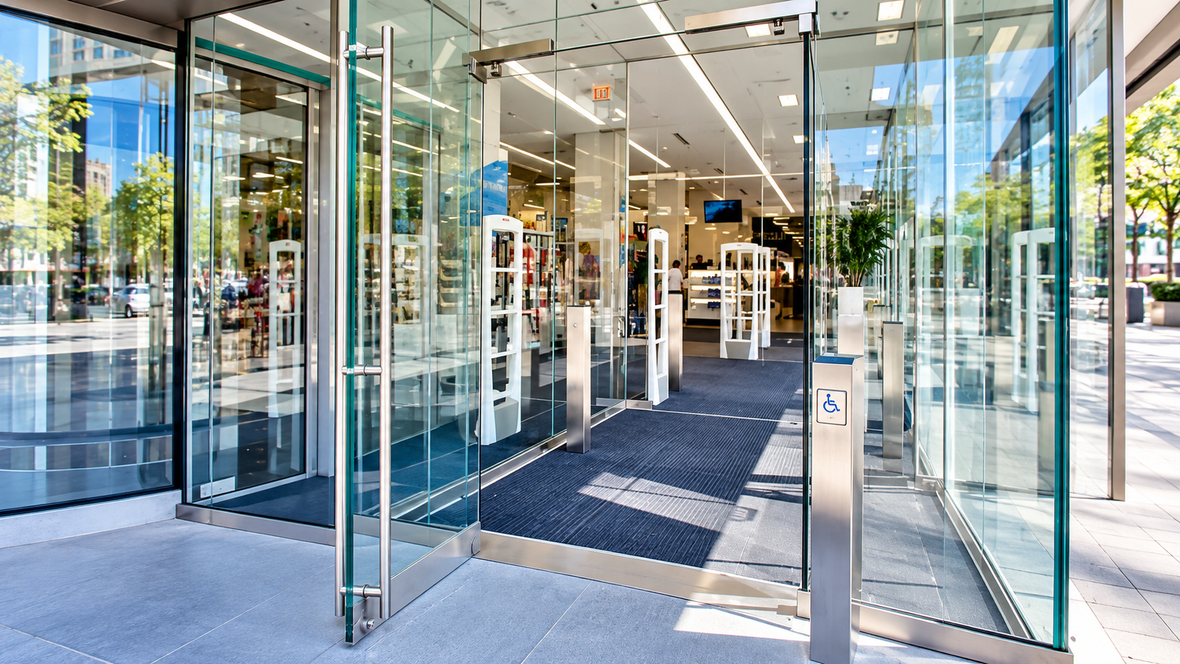 Modern commercial glass entrance with swing doors and an accessibility control, illustrating automatic door access for NZ businesses.