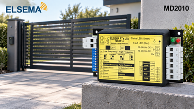 Elsema MD2010 vehicle loop detector with modern gated driveway background for gate automation systems.