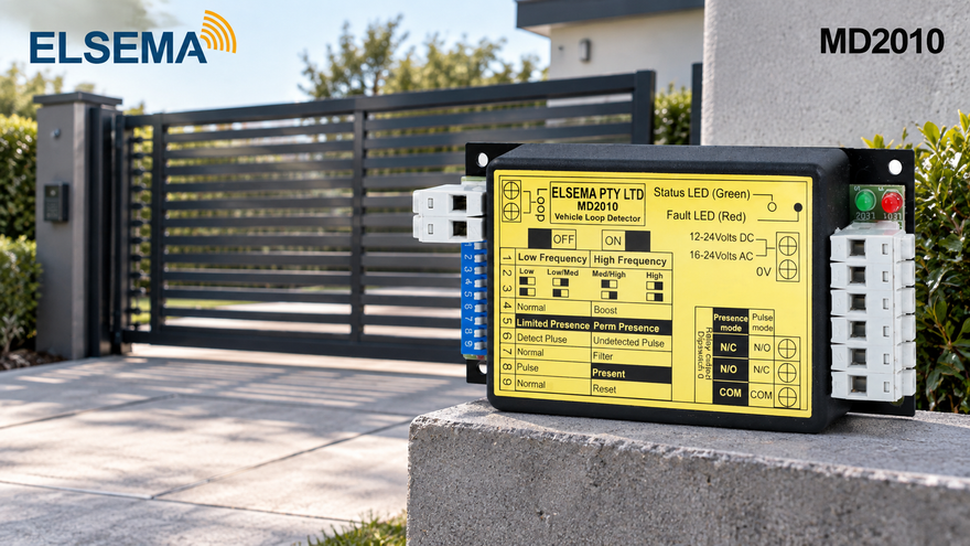 Elsema MD2010 vehicle loop detector with modern gated driveway background for gate automation systems.