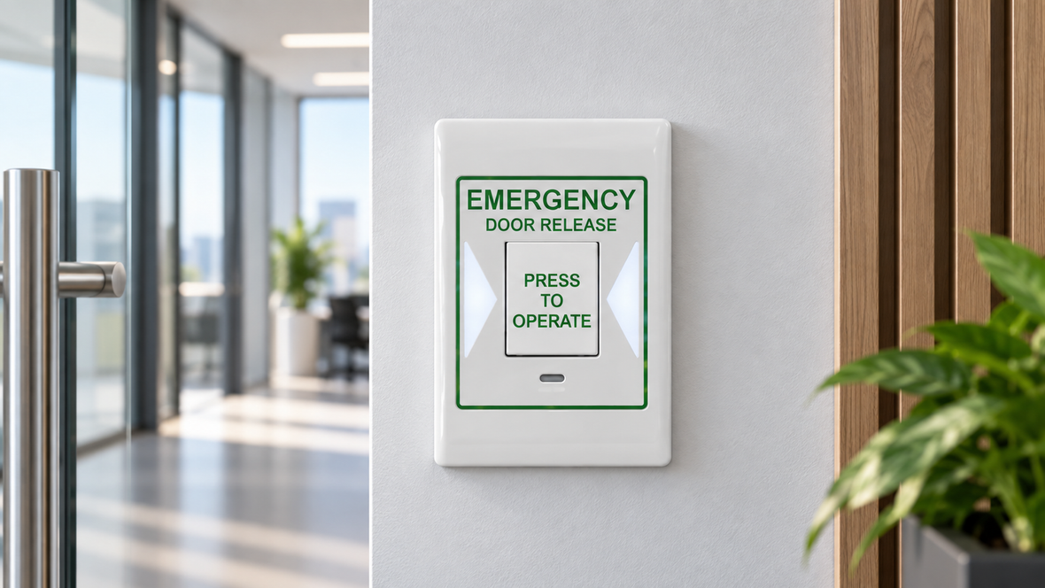 Emergency door release button beside a commercial access-controlled door, illustrating door access and egress hardware in New Zealand
