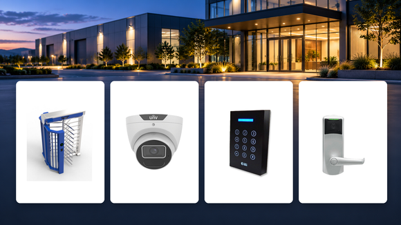 FERN360 turnstile, Uniview security camera, RBH access keypad and dormakaba hotel door lock displayed against commercial premises at dusk.