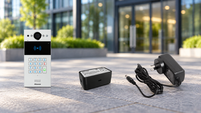 Akuvox video intercom, secure door release relay and power adaptor against a blurred commercial office entrance.