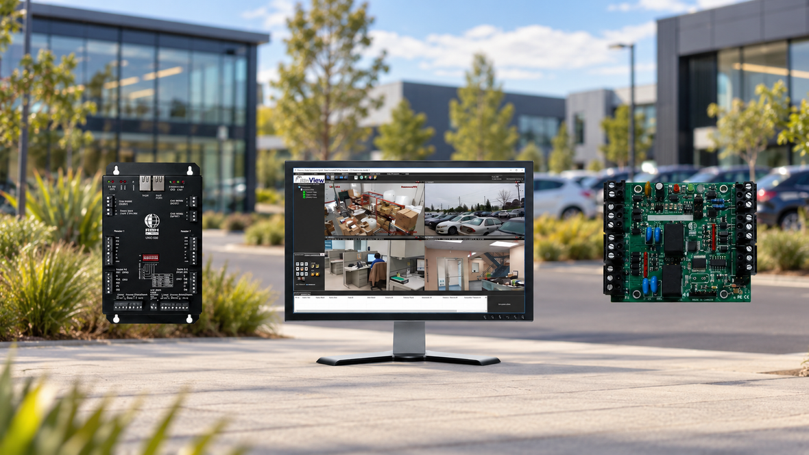 RBH access controller, CCTV monitoring screen and interface board against a blurred New Zealand commercial complex background.