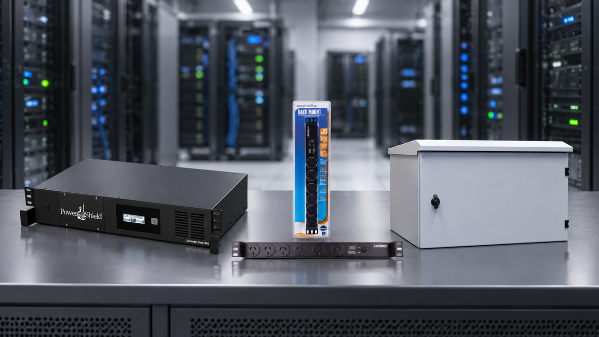 Rack-mount UPS, power distribution strips and a wall-mounted security cabinet against a blurred server room background.