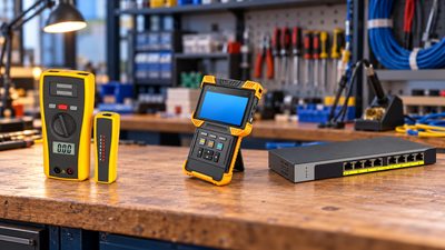 Network cable tester, CCTV field tester and eight-port network switch on a technician’s workbench with blurred tools behind.