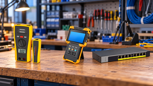 Network cable tester, CCTV field tester and eight-port network switch on a technician’s workbench with blurred tools behind.