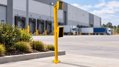 FERN360 access control post installed outside a logistics centre in New Zealand.