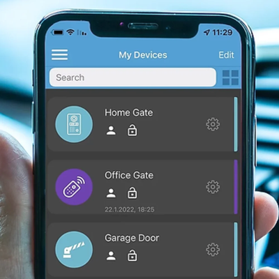 Smartphone displaying a gate access control app with Home Gate, Office Gate and Garage Door controls.