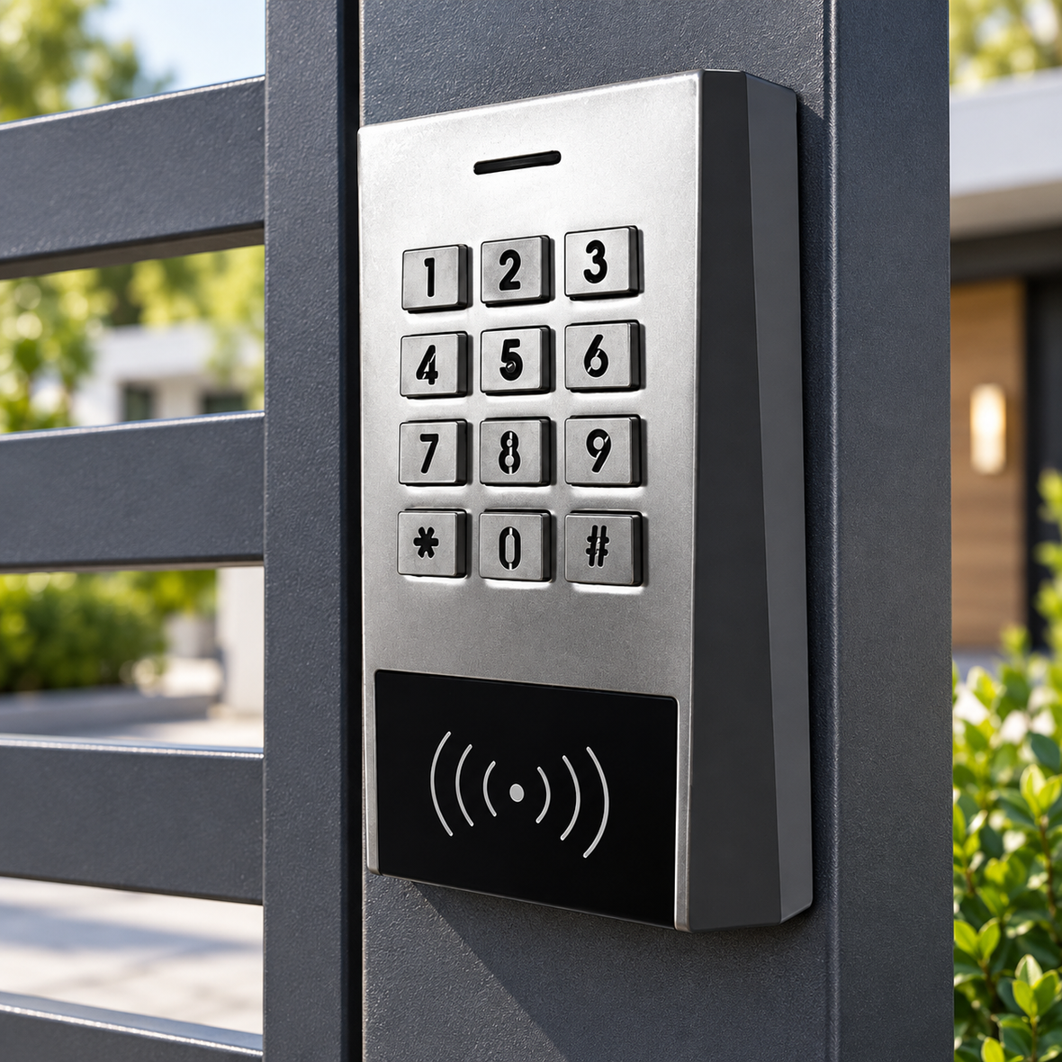Keypad and RFID access control reader mounted on a modern security gate in New Zealand