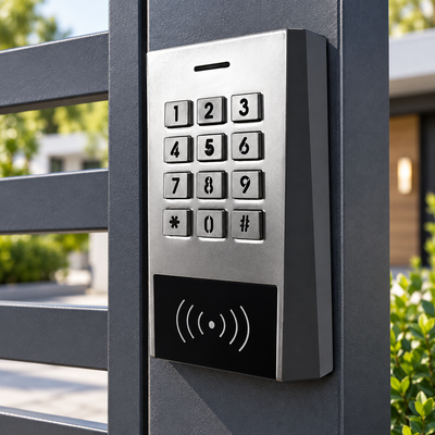 Keypad and RFID access control reader mounted on a modern security gate in New Zealand