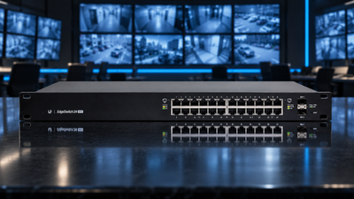 Ubiquiti EdgeSwitch 24-port managed PoE network switch in front of a CCTV surveillance monitoring wall in a security control room.