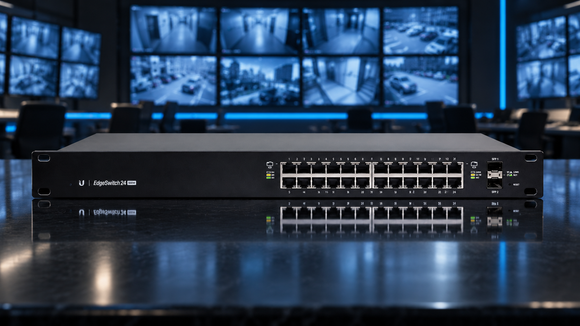 Ubiquiti EdgeSwitch 24-port managed PoE network switch in front of a CCTV surveillance monitoring wall in a security control room.