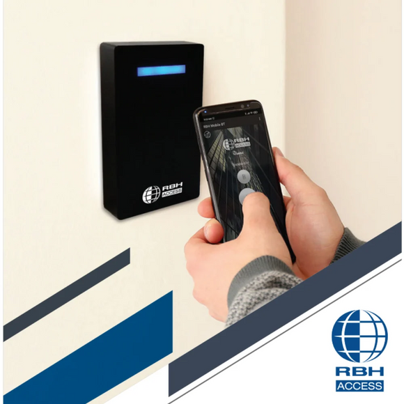 RBH Access mobile credential app used on a smartphone with an RBH wall-mounted access control reader.
