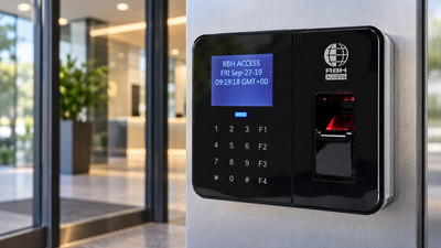 RBH BFR-350-DNB biometric fingerprint access control terminal installed at a modern commercial building entrance.