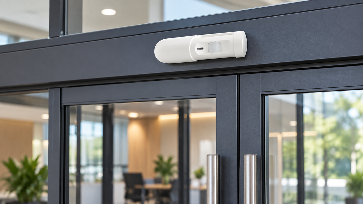 RISCO PIR request-to-exit sensor installed above a commercial glass door in a New Zealand access control system