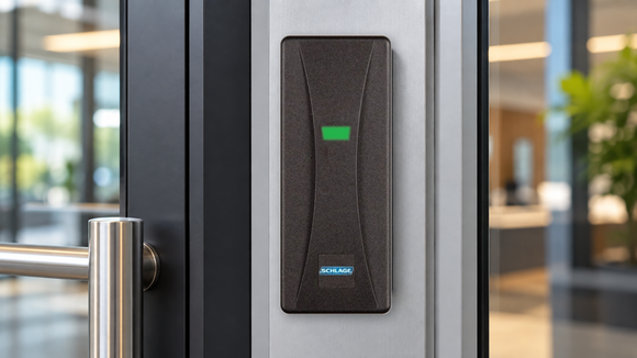 Schlage IRG-SXF1050 access control reader mounted beside a modern commercial entrance door in NZ.
