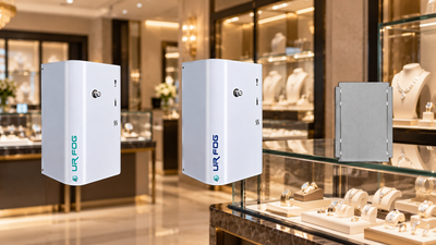 UR FOG security fog generators and mounting plate against a jewellery store background with glass display cabinets.