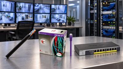 Tycab Cat6 cables and Netgear PoE switch on a workbench in a security control room with CCTV monitors and network racks.