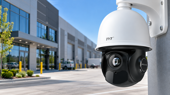 TVT PTZ security camera installed outside a commercial building for CCTV surveillance in New Zealand