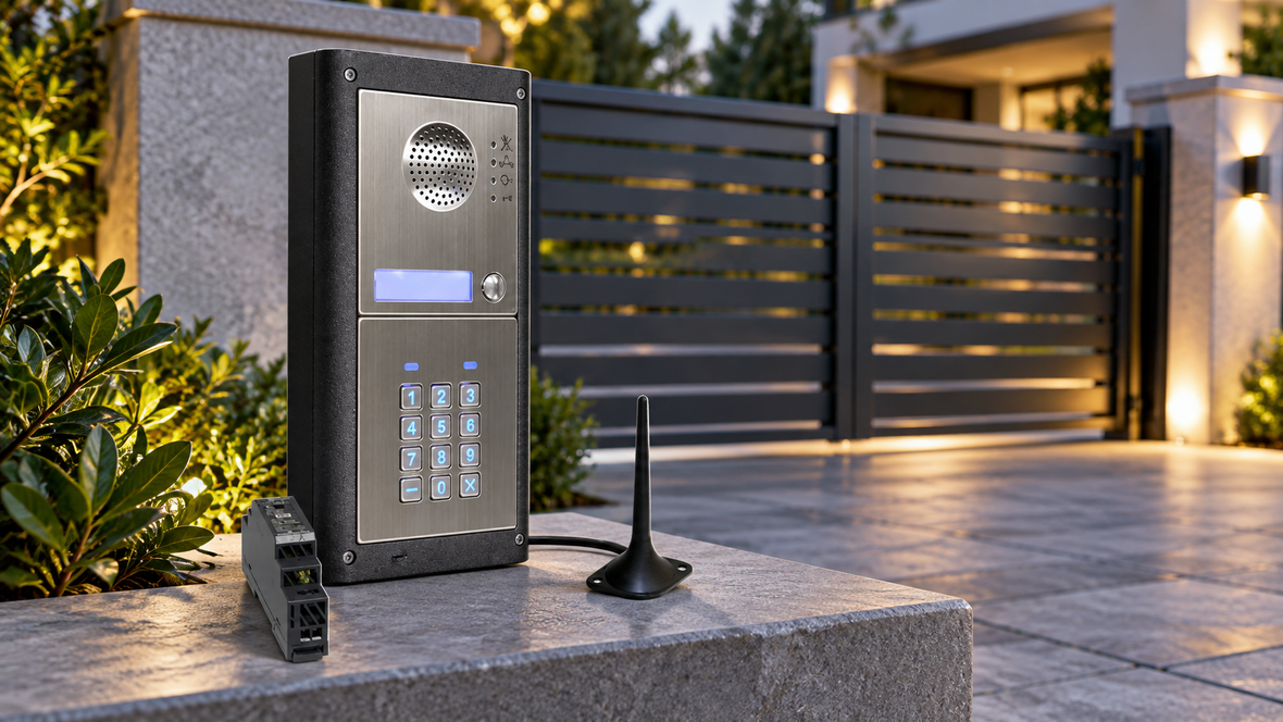 Videx intercom with illuminated keypad, speaker and external antenna, displayed at a modern residential driveway gate in New Zealand.