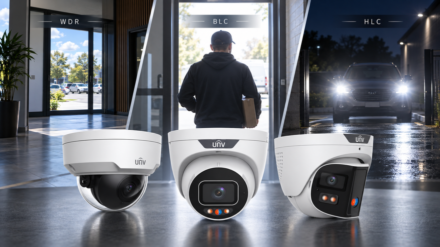 WDR, BLC and HLC CCTV lighting examples showing difficult backlight and headlight conditions in New Zealand security camera applications.