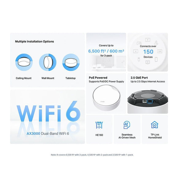TL-DECOX50-POE-3P - TP-Link Deco X50-PoE Archer AX55 Pro, AX3000 Multi-Gigabit Wi-Fi 6 Router with 2.5G Port - 3 Pack