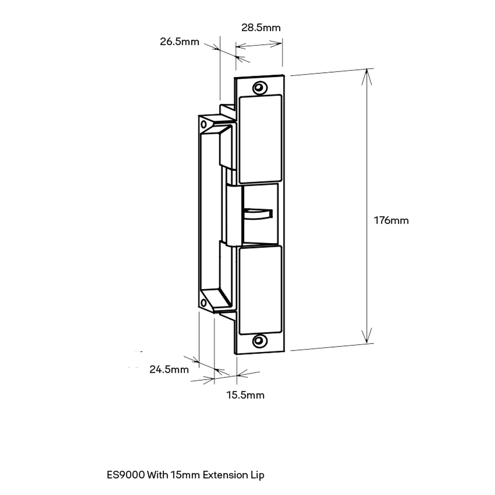 119001-000 - Trimec ES9000 12-30VDC Preload Multi-Function Strike Trimec ES9000 Preload Multi-Function Strike & extension lip holes
