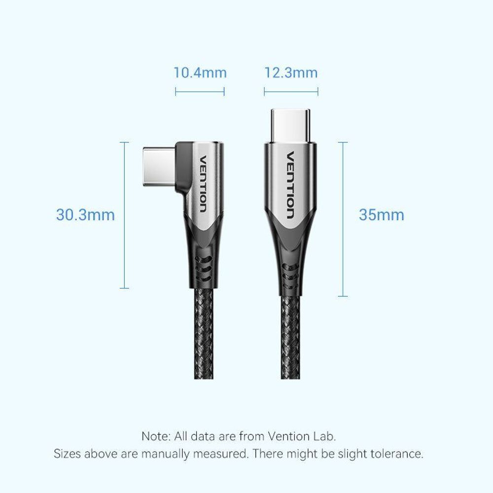 VEN-TRAHH - Vention USB 2.0 Type-C Male to Type-C Male Right Angle 3A Cable 2M Gray Aluminum Alloy Type