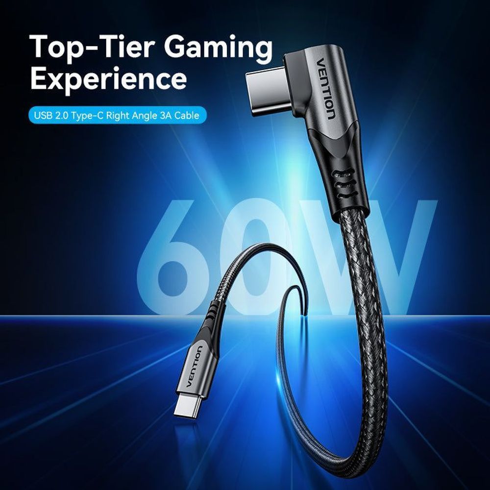 VEN-TRAHH - Vention USB 2.0 Type-C Male to Type-C Male Right Angle 3A Cable 2M Gray Aluminum Alloy Type