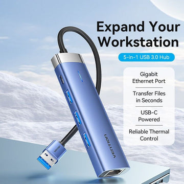 VEN-TGFSB - Vention USB 3.0 to USB 3.0 x 3/RJ45/USB-C Hub 0.15M Blue Aluminum Alloy Type