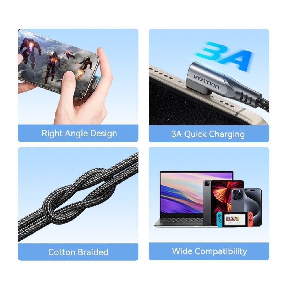 VEN-TRAHH - Vention USB 2.0 Type-C Male to Type-C Male Right Angle 3A Cable 2M Gray Aluminum Alloy Type