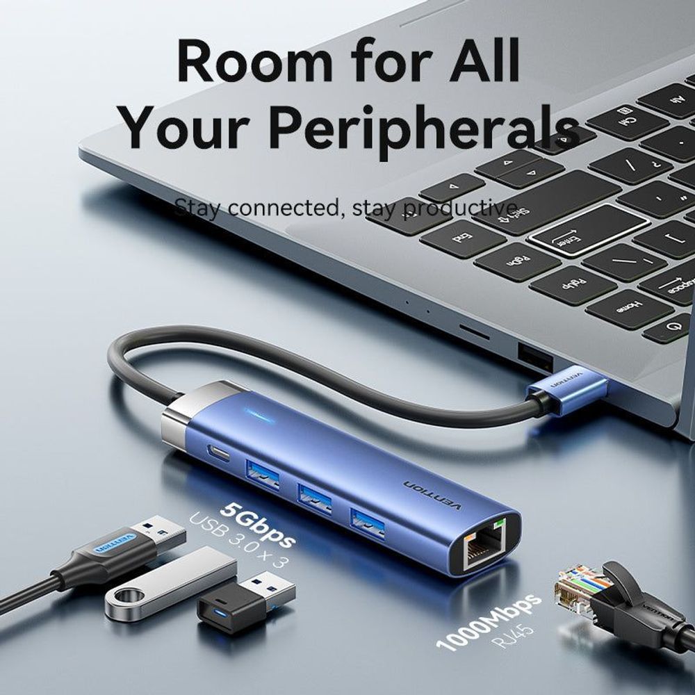 VEN-TGFSB - Vention USB 3.0 to USB 3.0 x 3/RJ45/USB-C Hub 0.15M Blue Aluminum Alloy Type