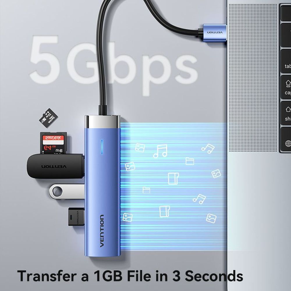 VEN-TGFSB - Vention USB 3.0 to USB 3.0 x 3/RJ45/USB-C Hub 0.15M Blue Aluminum Alloy Type