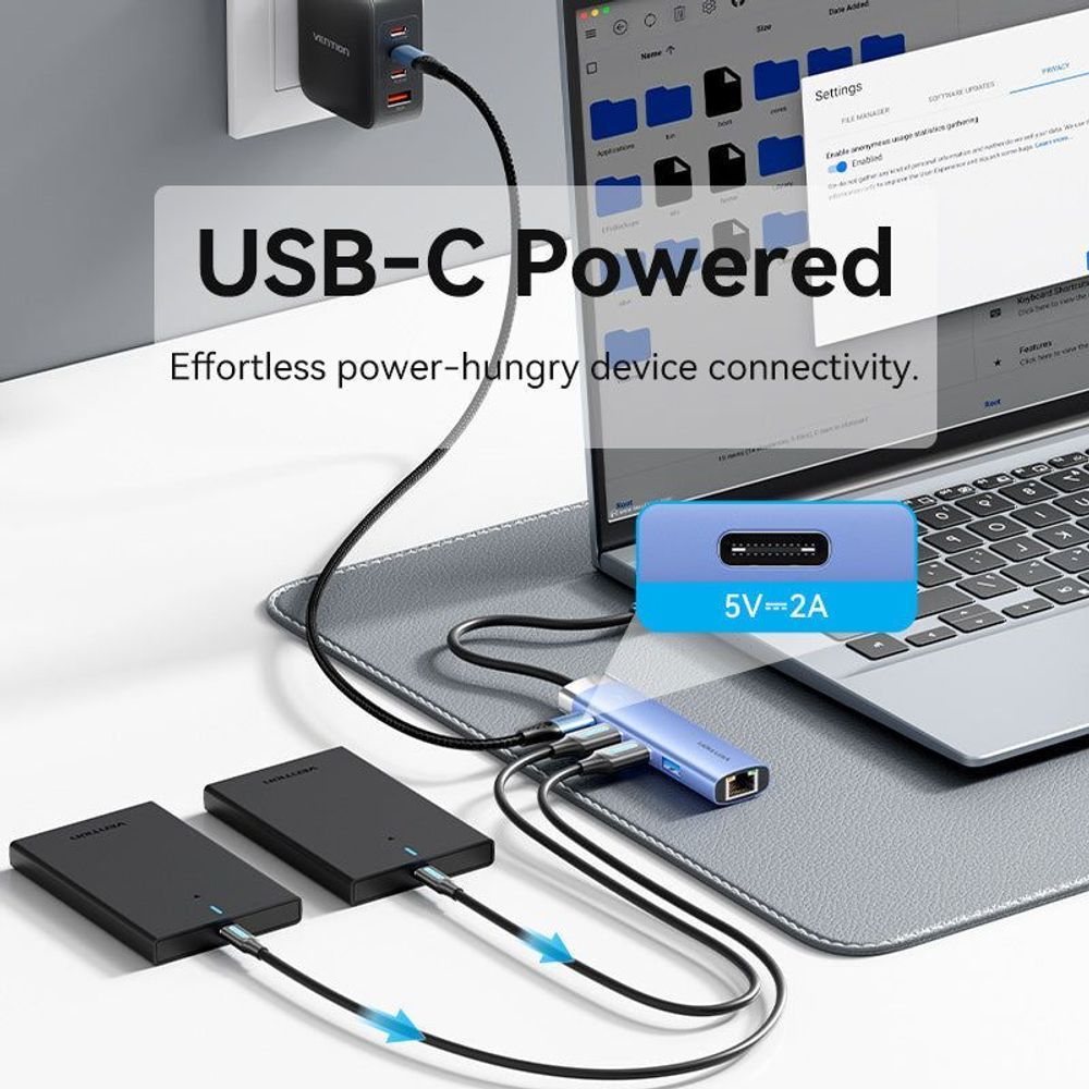 VEN-TGFSB - Vention USB 3.0 to USB 3.0 x 3/RJ45/USB-C Hub 0.15M Blue Aluminum Alloy Type