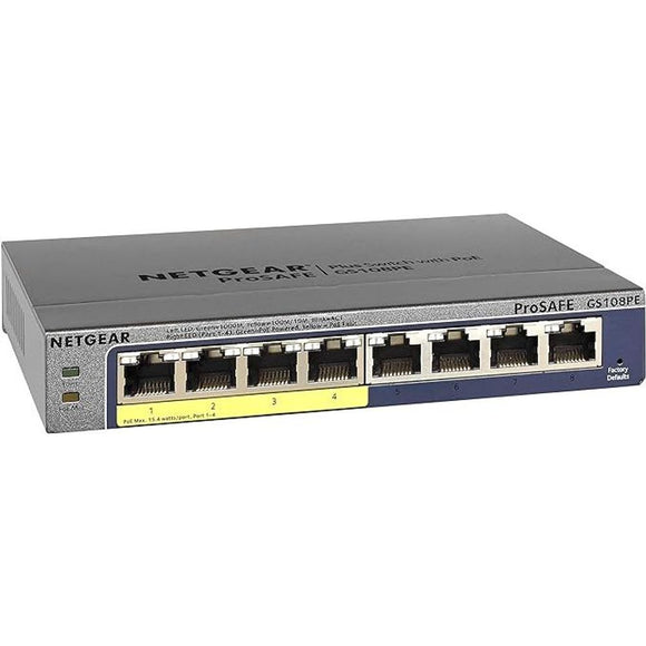 GS108PE-300AJS - NETGEAR GS108PE ProSafe Plus 8-Port Managed Gigabit Internet Ethernet Switch with 4-Port PoE, Black, 8 Port PoE
