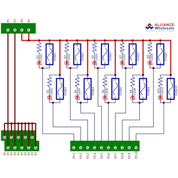 Fuse-Mod10-xA - AC/DC 5~32V Panel Mount 10 Position Power Distribution Fuse Module
