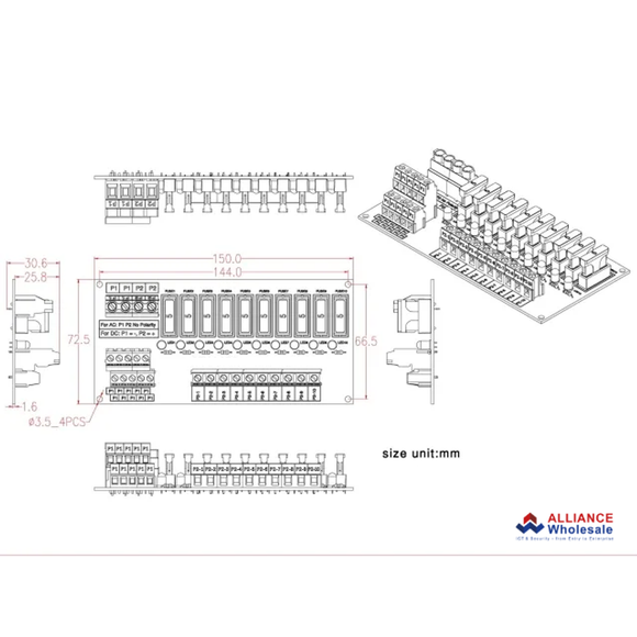 Fuse-Mod10-xA - AC/DC 5~32V Panel Mount 10 Position Power Distribution Fuse Module
