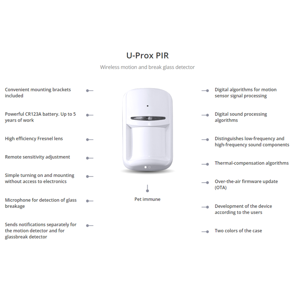 U-Prox PIR Combi VB White - Wireless motion and break glass detector - Vertical Barrier