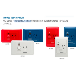 OM Series – Horizontal/Vertical Single Socket Outlets Switched 10/15 Amp 250V a.c.