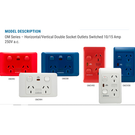 OM Series – Horizontal/Vertical Double Socket Outlets Switched 10/15 Amp 250V a.c.