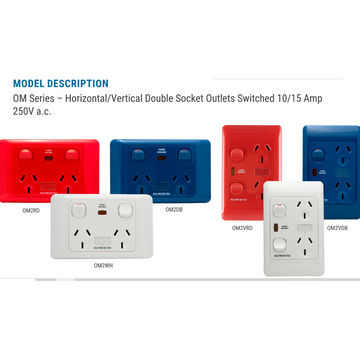 OM Series – Horizontal/Vertical Double Socket Outlets Switched 10/15 Amp 250V a.c.