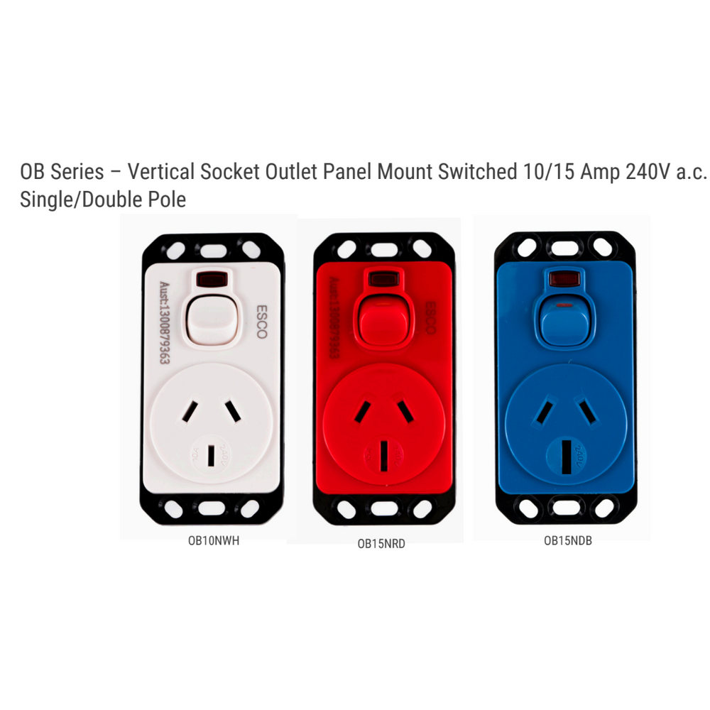 Meditek OB Series – Vertical Socket Outlet Panel Mount Switched 10/15 Amp 240V a.c. Single/Double Pole