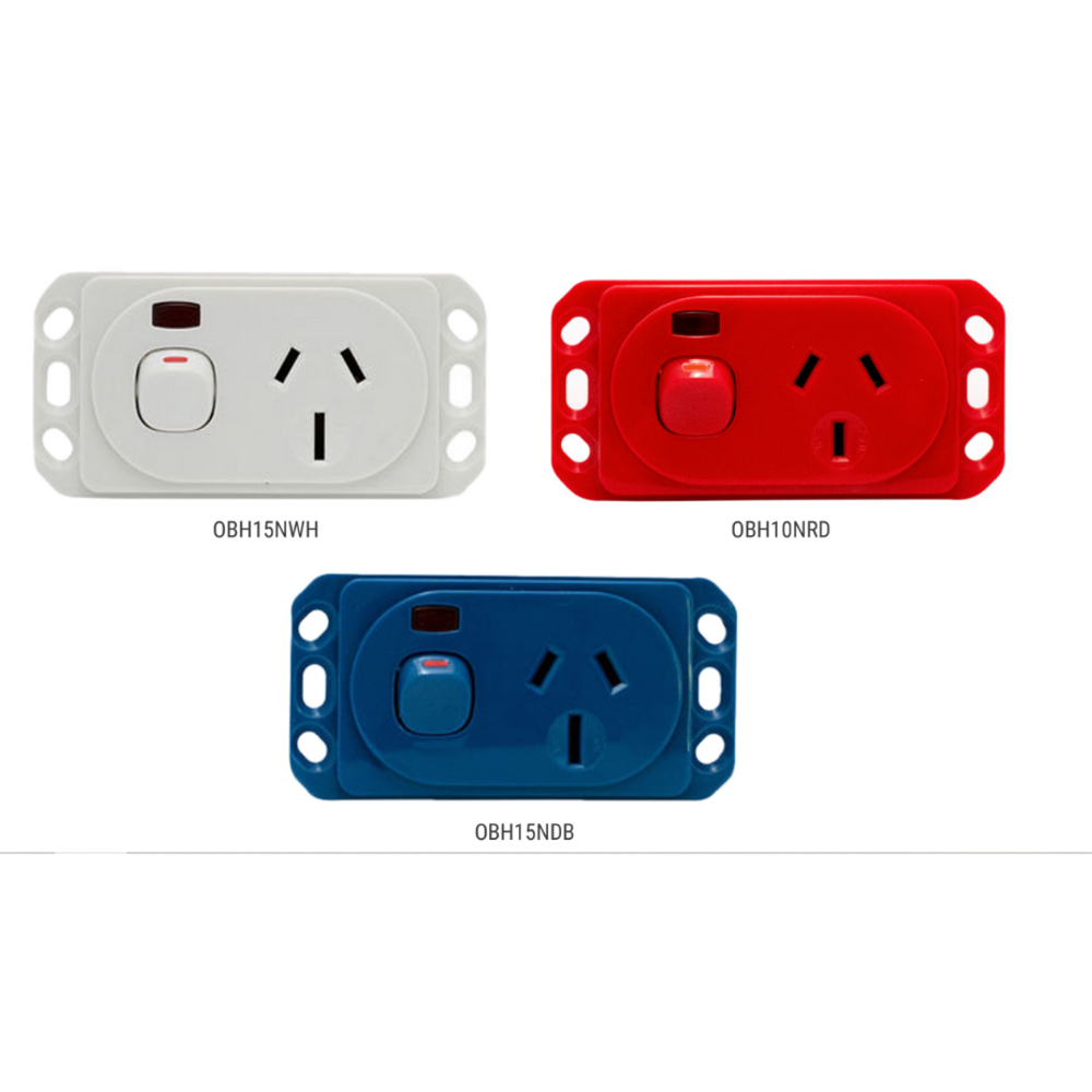 Meditek OB Series – Horizontal Socket Outlet Panel Mount Switched 10/15 Amp 240Va.c. Single Pole