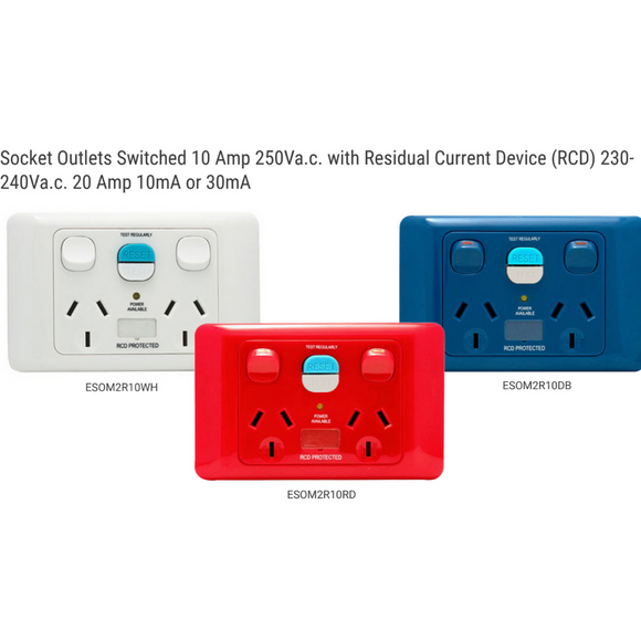 Socket Outlets Switched 10 Amp 250Va.c. with Residual Current Device (RCD) 230- 240Va.c. 20 Amp 10mA or 30mA