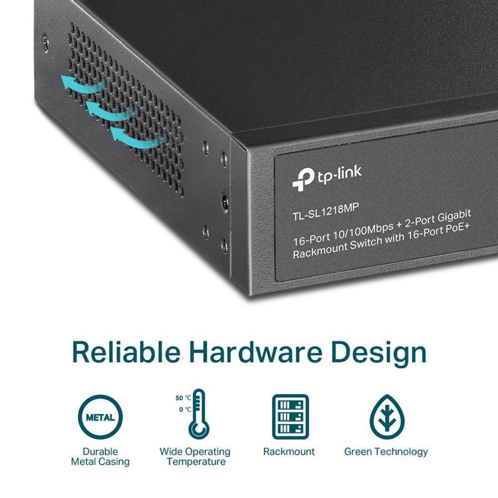 TL-SL1218MP - TP-Link 16-Port 10/100 Mbps + 2-Port Gigabit Rackmount Switch with 16-Port PoE+