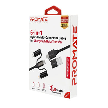 PENTAPOWER.BLK - Promate 6-in-1 Hybrid 1.2m Multi-Connector Cable for Charging