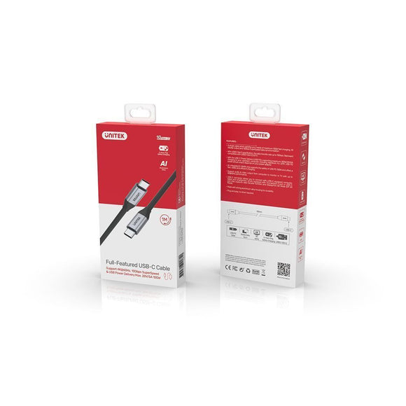 C14082ABK - Unitek 1m USB-C to USB-C 3.1 Gen2 Cable for Syncing & Charging.