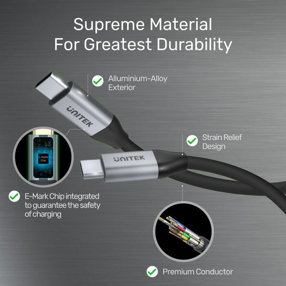 C14082ABK - Unitek 1m USB-C to USB-C 3.1 Gen2 Cable for Syncing & Charging.