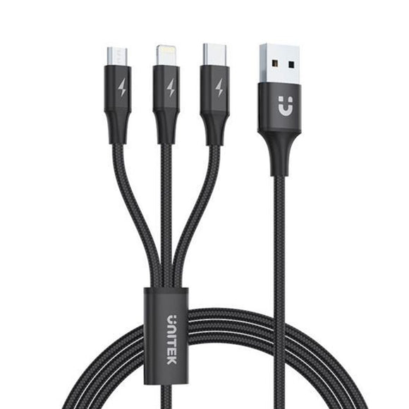 C14049BK - Unitek 1.2m USB 3-in-1 Charge Cable. Integrated USB-A to Micro-B,